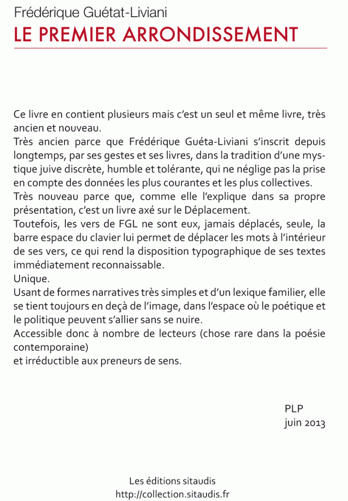 Le premier arrondissement par Frédérique Guétat-Liviani, le second ouvrage des éditions sitaudis paraîtra le 26 juin 2013